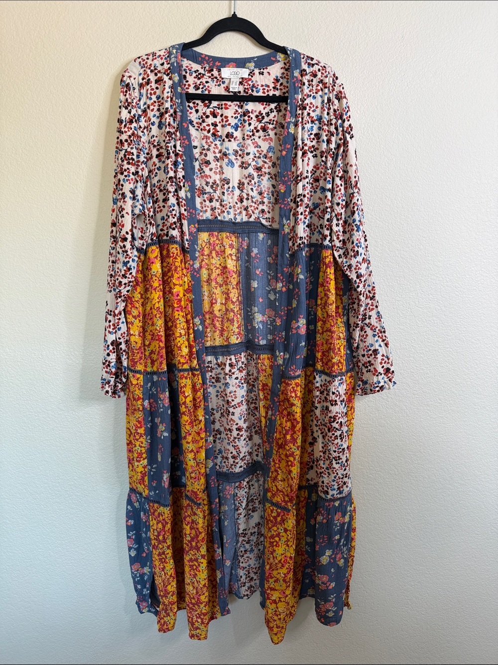 LOGO Lori Goldstein floral patchwork long duster kimono women’s 1X EUC pockets